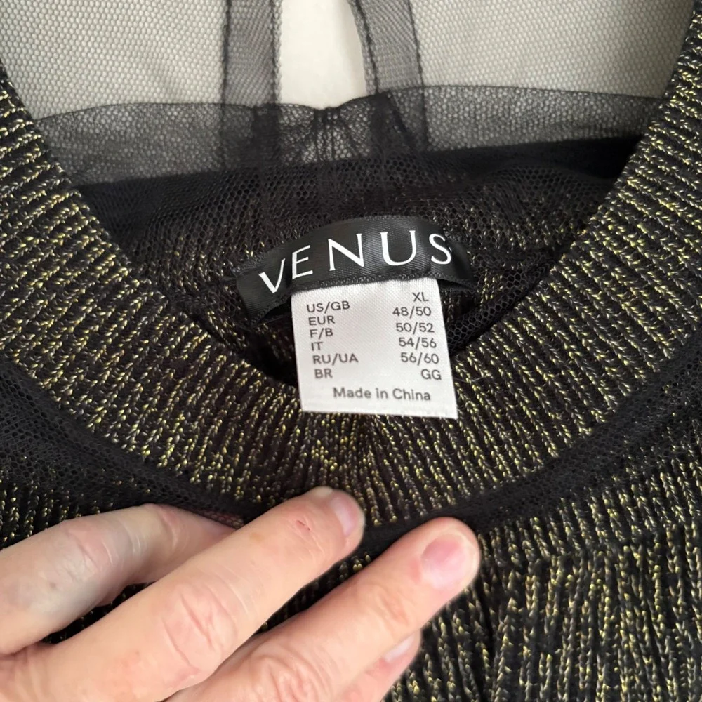 Venus Metallic Gold Ribbed Knit Ruffle Mesh Dress XL Bell Sleeve Mock Neck Party